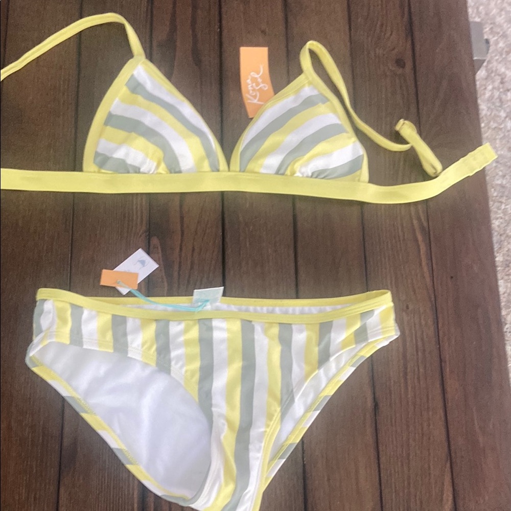 Kona Sol Yellow Stripe Bikini Set Size Small Two Piece Swimsuit Beach Swimwear